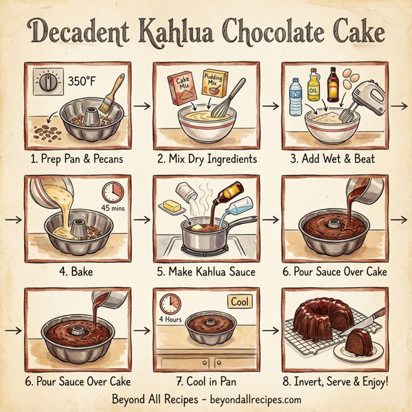 Decadent Kahlua Chocolate Cake with Luscious Kahlua Sauce instructions
