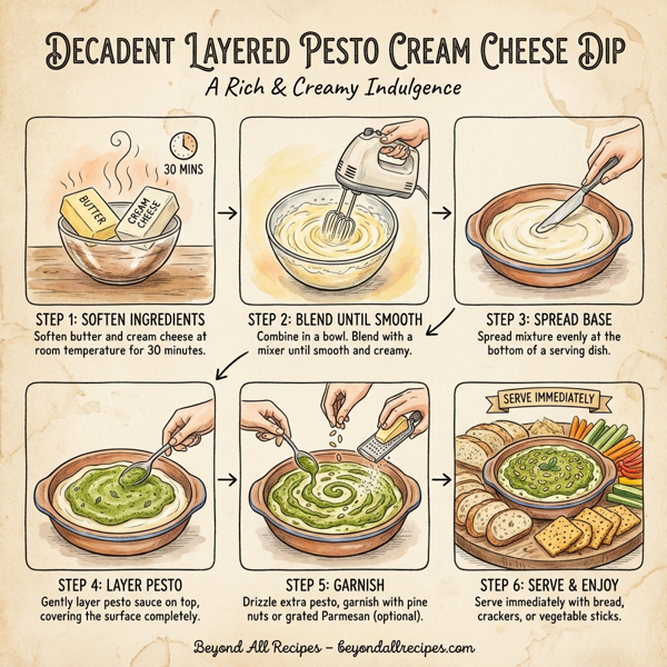 Decadent Layered Pesto Cream Cheese Dip instructions