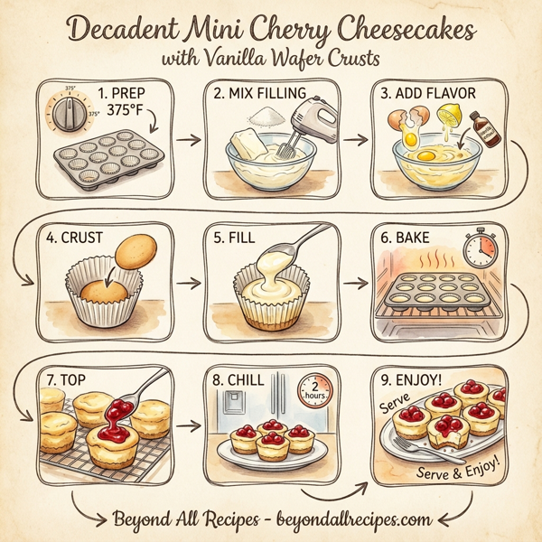 Decadent Mini Cherry Cheesecakes with Vanilla Wafer Crusts instructions