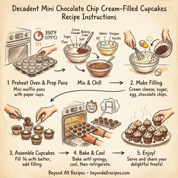 Decadent Mini Chocolate Chip Cream-Filled Cupcakes instructions