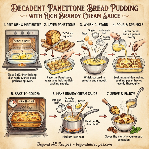 Decadent Panettone Bread Pudding with Rich Brandy Cream Sauce instructions
