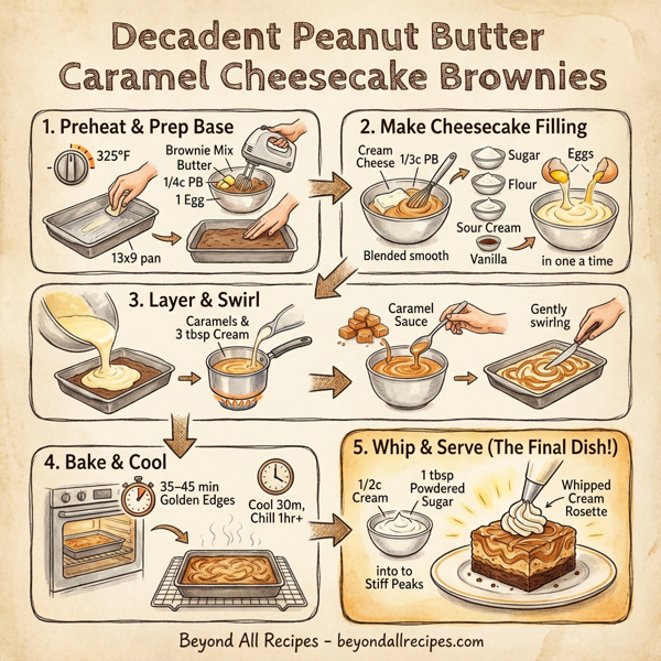 Decadent Peanut Butter Caramel Cheesecake Brownies instructions