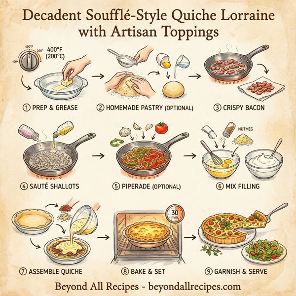 Decadent Soufflé-Style Quiche Lorraine with Artisan Toppings instructions