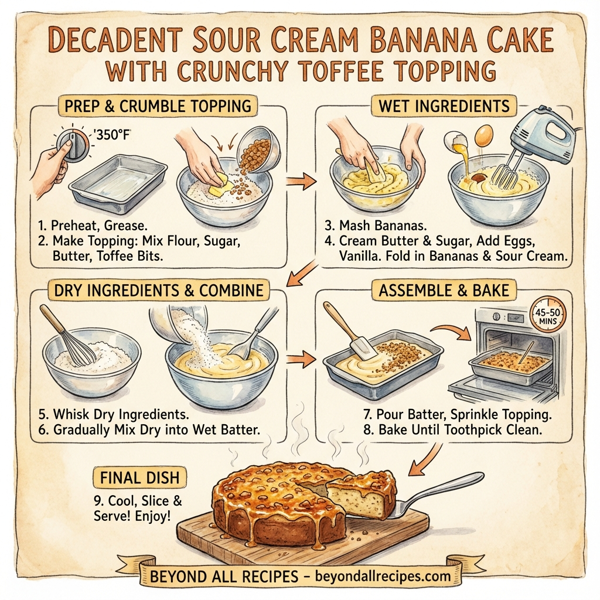 Decadent Sour Cream Banana Cake with Crunchy Toffee Topping instructions