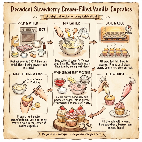 Decadent Strawberry Cream-Filled Vanilla Cupcakes instructions