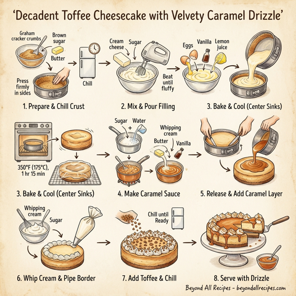 Decadent Toffee Cheesecake with Velvety Caramel Drizzle instructions