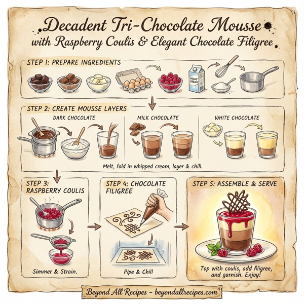 Decadent Tri-Chocolate Mousse with Raspberry Coulis and Elegant Chocolate Filigree instructions