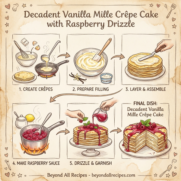 Decadent Vanilla Mille Crêpe Cake with Raspberry Drizzle instructions