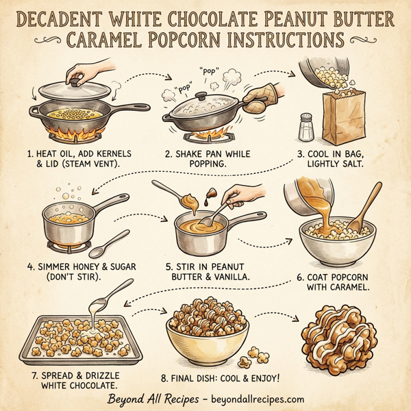 Decadent White Chocolate Peanut Butter Caramel Popcorn instructions