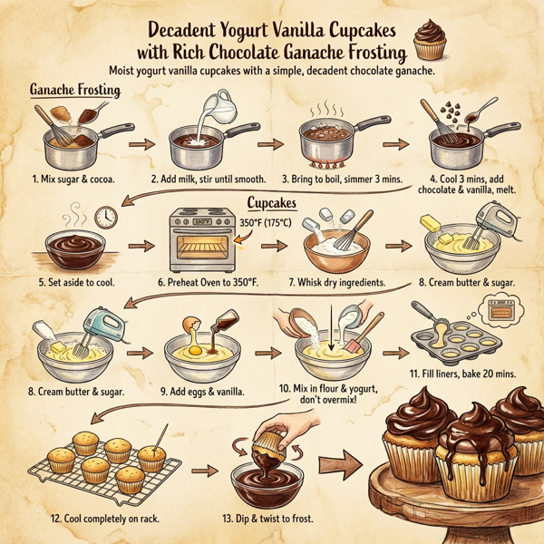 Decadent Yogurt Vanilla Cupcakes with Rich Chocolate Ganache Frosting instructions