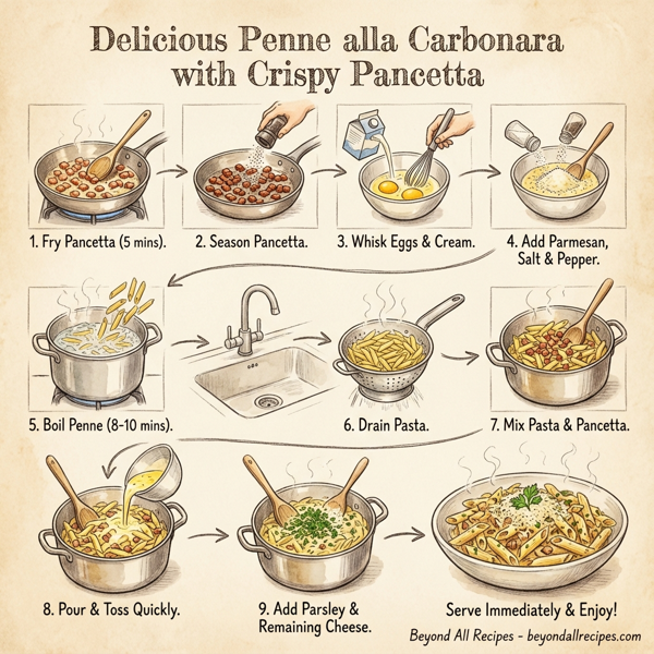 Delicious Penne alla Carbonara with Crispy Pancetta instructions