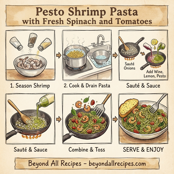 Delicious Pesto Shrimp Pasta with Fresh Spinach and Tomatoes instructions