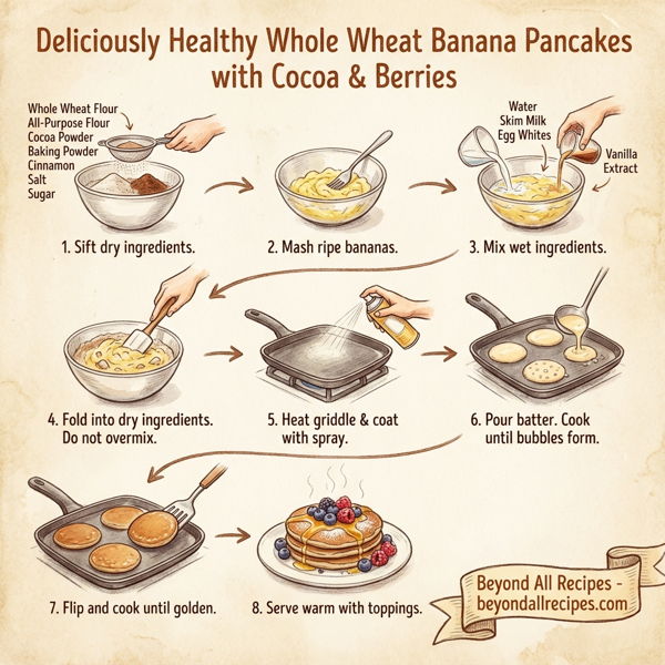 Deliciously Healthy Whole Wheat Banana Pancakes with Cocoa & Berries instructions