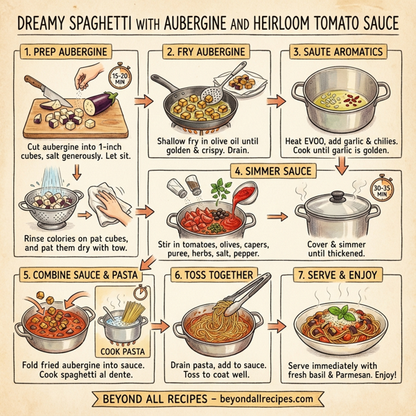Dreamy Spaghetti with Aubergine and Heirloom Tomato Sauce instructions