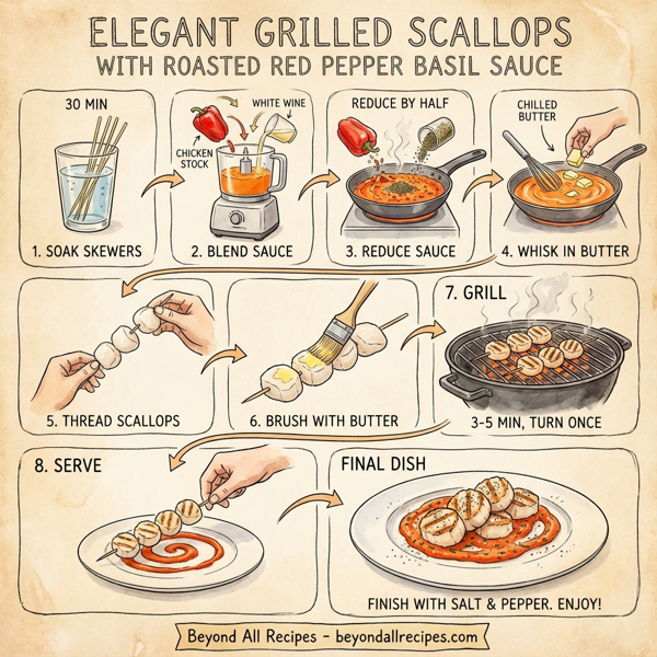 Elegant Grilled Scallops with Roasted Red Pepper Basil Sauce instructions