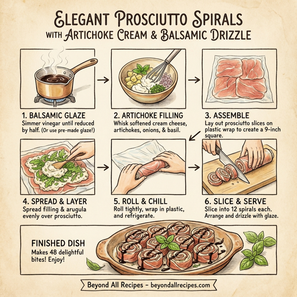 Elegant Prosciutto Spirals with Artichoke Cream and Balsamic Drizzle instructions
