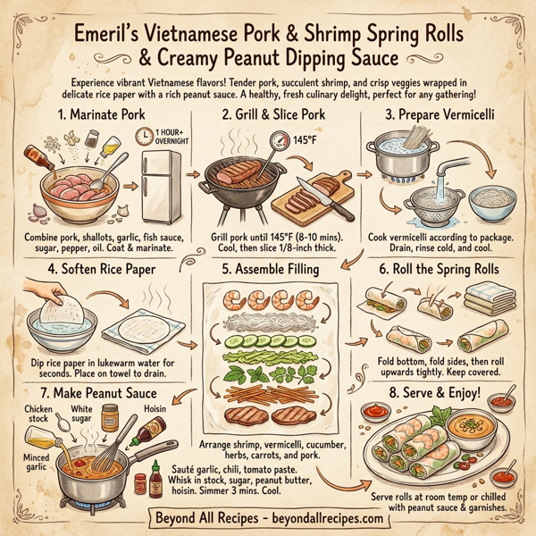 Emeril's Vietnamese Pork & Shrimp Spring Rolls with Creamy Peanut Dipping Sauce instructions