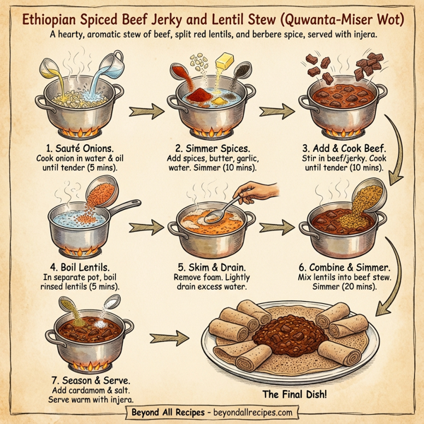 Ethiopian Spiced Beef Jerky and Lentil Stew (Quwanta-Miser Wot) instructions