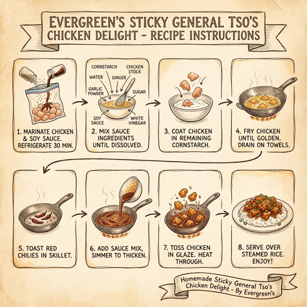 Evergreen's Sticky General Tso's Chicken Delight instructions