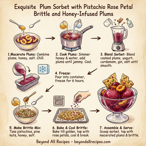 Exquisite Plum Sorbet with Pistachio Rose Petal Brittle and Honey-Infused Plums instructions