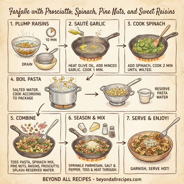 Farfalle with Prosciutto, Spinach, Pine Nuts, and Sweet Raisins instructions
