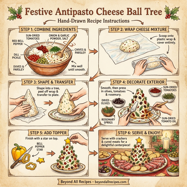 Festive Antipasto Cheese Ball Tree instructions