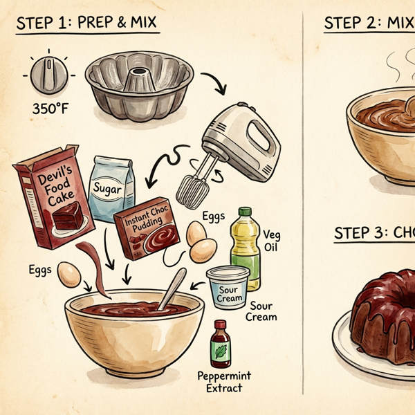 Festive Chocolate Peppermint Velvet Bundt Cake instructions