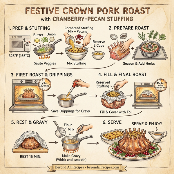 Festive Crown Pork Roast with Cranberry-Pecan Stuffing instructions
