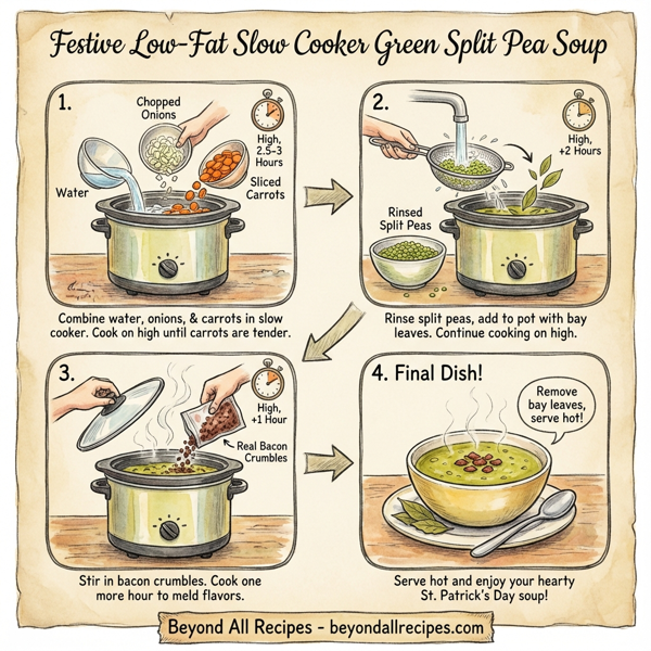 Festive Low-Fat Slow Cooker Green Split Pea Soup with Savory Bacon Crumbles instructions