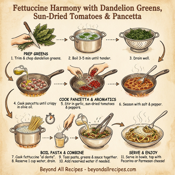 Fettuccine Harmony with Dandelion Greens, Sun-Dried Tomatoes & Pancetta instructions