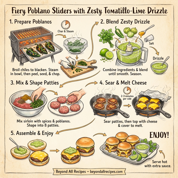 Fiery Poblano Sliders with Zesty Tomatillo-Lime Drizzle instructions