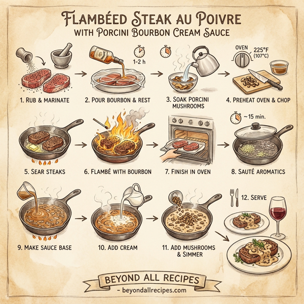Flambéed Steak Au Poivre with Porcini Bourbon Cream Sauce instructions