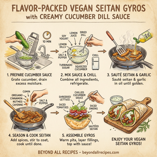 Flavor-Packed Vegan Seitan Gyros with Creamy Cucumber Dill Sauce instructions