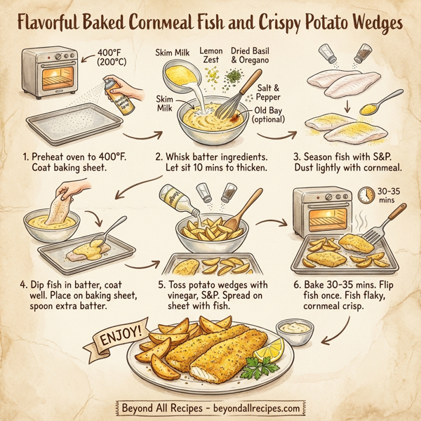 Flavorful Baked Cornmeal Fish and Crispy Potato Wedges instructions