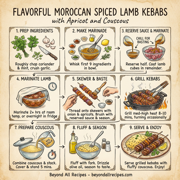 Flavorful Moroccan Spiced Lamb Kebabs with Apricot and Couscous instructions
