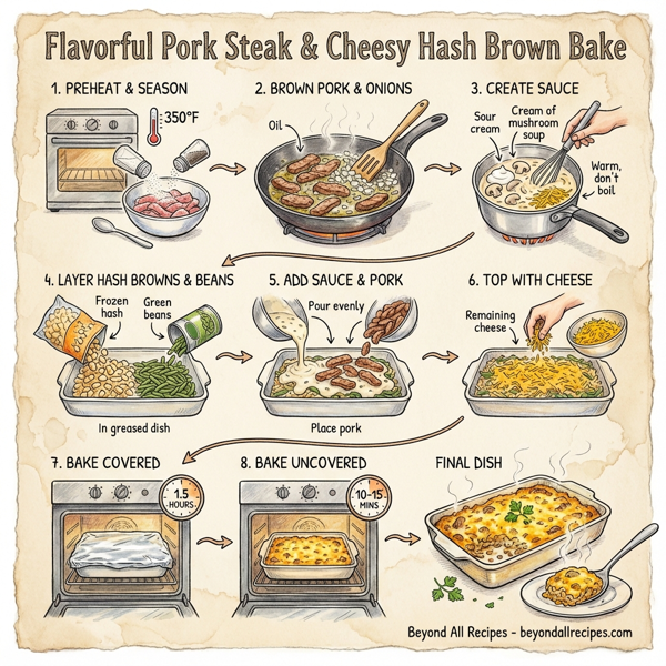 Flavorful Pork Steak & Cheesy Hash Brown Bake instructions