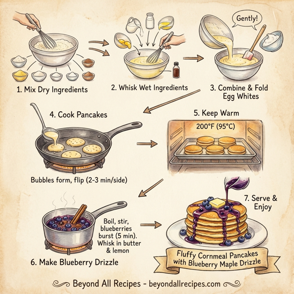 Fluffy Cornmeal Pancakes with Blueberry Maple Drizzle instructions