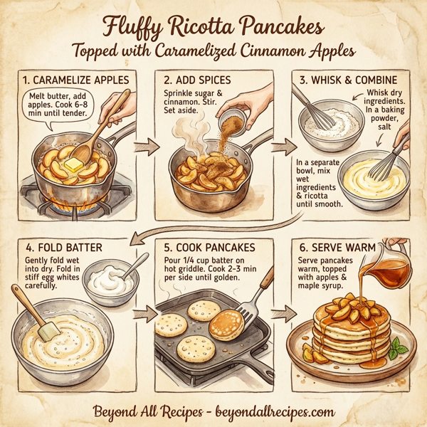 Fluffy Ricotta Pancakes Topped with Caramelized Cinnamon Apples instructions