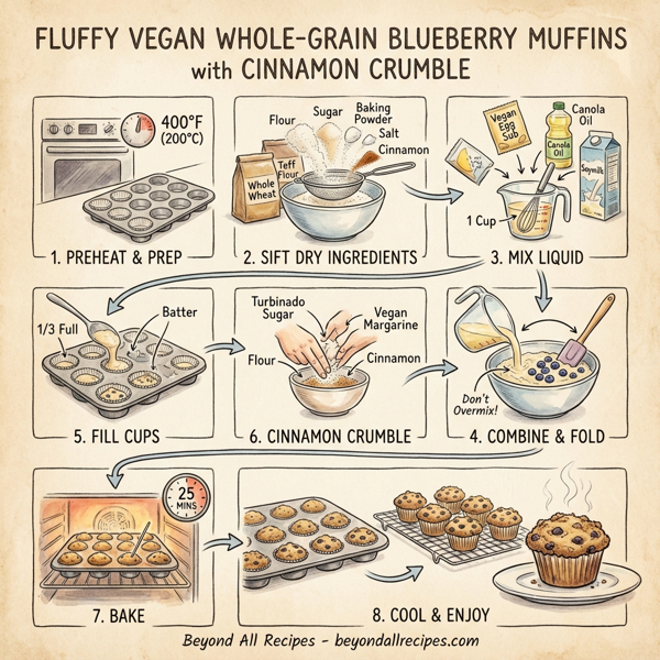 Fluffy Vegan Whole-Grain Blueberry Muffins with Cinnamon Crumble instructions