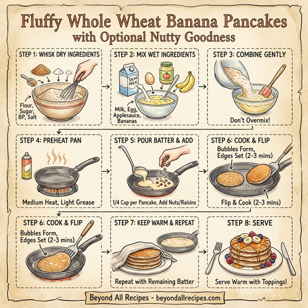 Fluffy Whole Wheat Banana Pancakes with Optional Nutty Goodness instructions