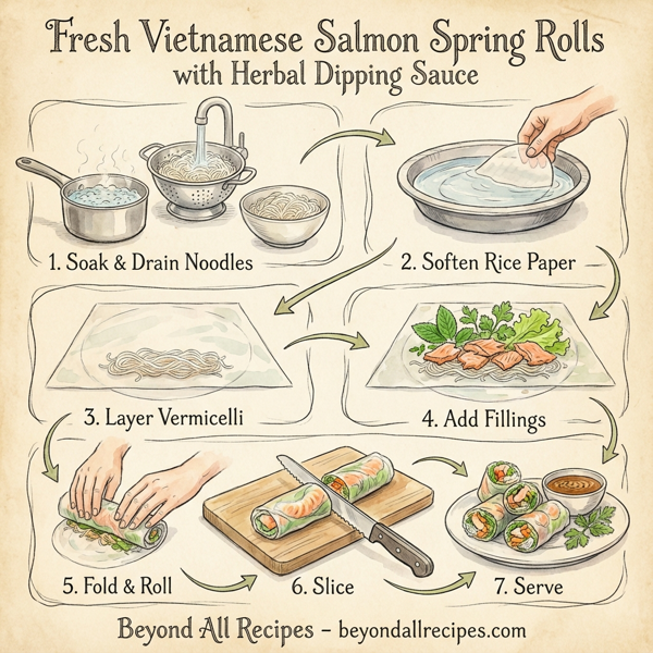 Fresh Vietnamese Salmon Spring Rolls with Herbal Dipping Sauce instructions