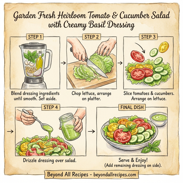 Garden Fresh Heirloom Tomato and Cucumber Salad with Creamy Basil Dressing instructions