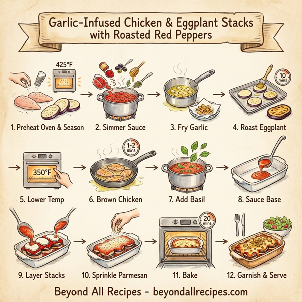 Garlic-Infused Chicken & Eggplant Stacks with Roasted Red Peppers instructions