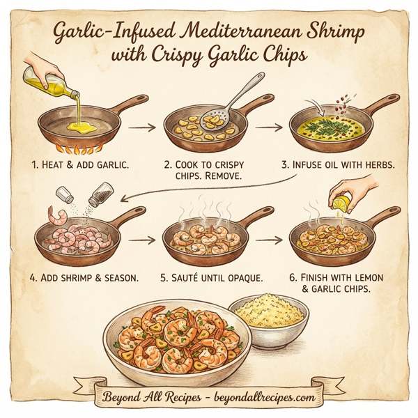 Garlic-Infused Mediterranean Shrimp with Crispy Garlic Chips instructions