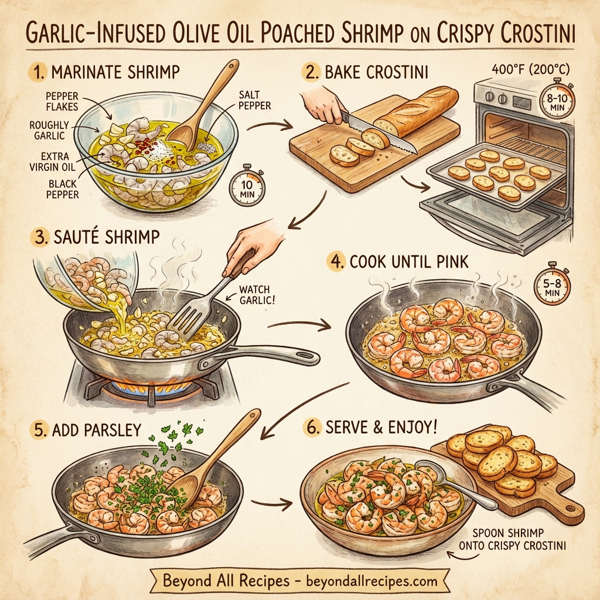 Garlic-Infused Olive Oil Poached Shrimp on Crispy Crostini instructions