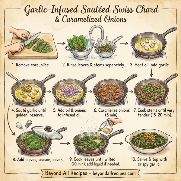 Garlic-Infused Sautéed Swiss Chard with Caramelized Red Onions instructions