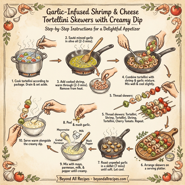 Garlic-Infused Shrimp and Cheese Tortellini Skewers with Creamy Dip instructions