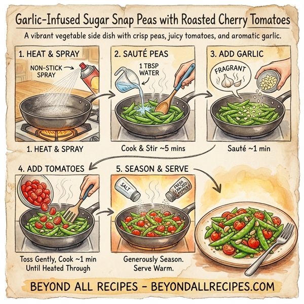 Garlic-Infused Sugar Snap Peas with Roasted Cherry Tomatoes instructions