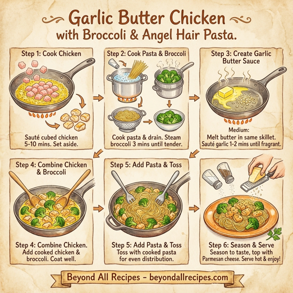 Garlic Butter Chicken with Broccoli and Angel Hair Pasta instructions