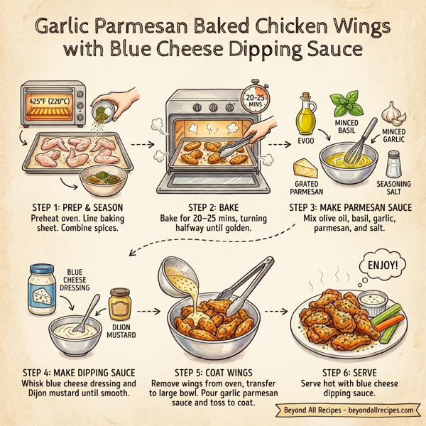 Garlic Parmesan Baked Chicken Wings with Blue Cheese Dipping Sauce instructions